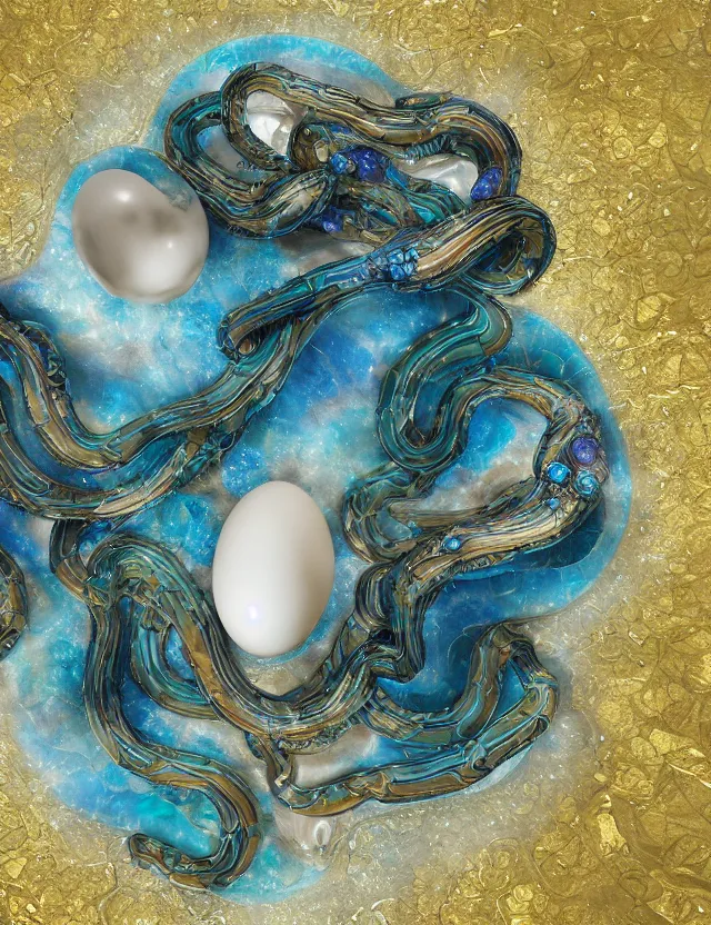 Image similar to a photo of a sculpture of snakes with wings made from blue and emerald and amethyst crystal geode formations encircling a marble egg on a base of obsidian made with liquid gold tendrils flowing by ellen jewett by stanisław szukalski, octane render, recursive, tendrils, elestial crystals, geode, refracted light