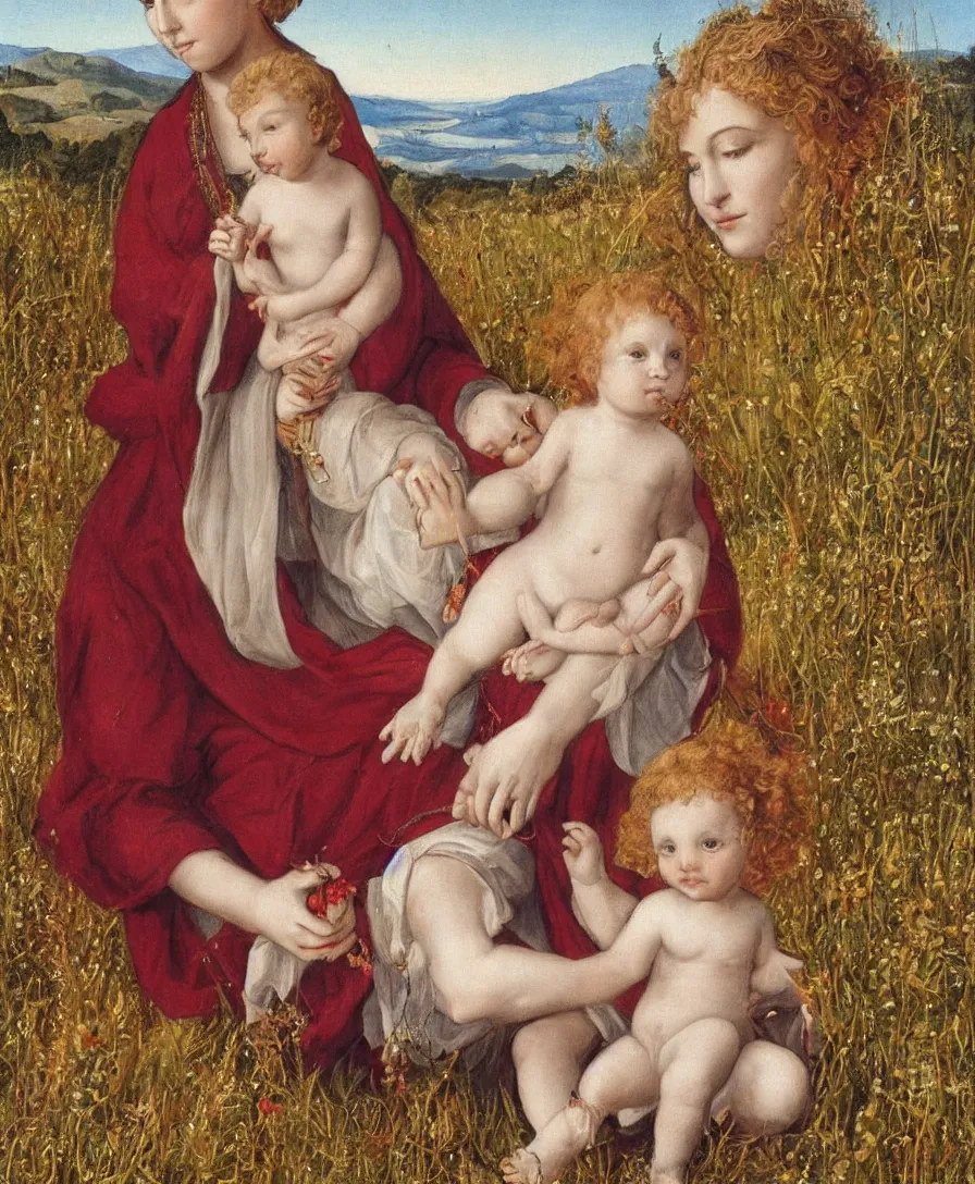 Prompt: Detailed Portrait of Madonna, with infant Jesus playin with thin long cross in the style of Raffael. Red curly hair. They are sitting in a dried out meadow in Tuscany, red poppy in the field. On the horizon there is a blue lake with a town like florence and blue mountains alps. Flat perspective.