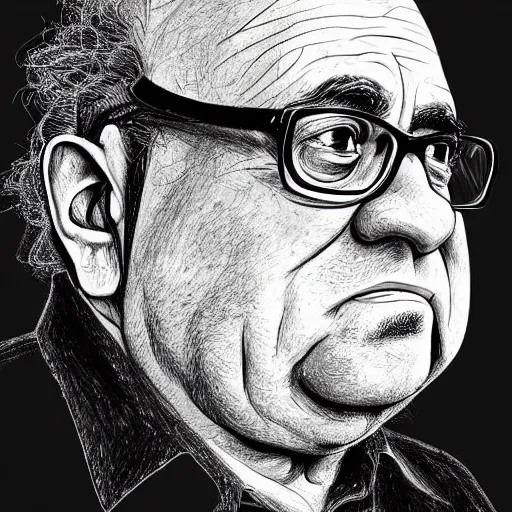 Image similar to a realistic yet scraggly portrait sketch of the side profile of a stern and sophisticated danny devito, trending on artstation, intricate details, in the style of frank auerbach, in the style of sergio aragones, in the style of martin ansin, in the style of david aja, in the style of mattias adolfsson