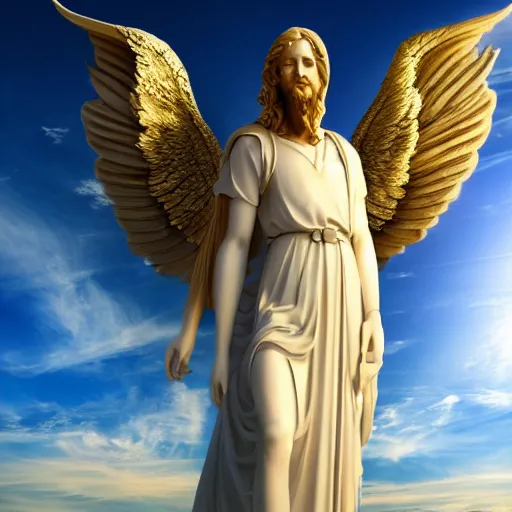 Image similar to gigantic biblical depiction of an angel towering over a vast landscape, cinematic, realistic, geometric white marble body, photorealistic, detailed, gold sky, global illumination, volumetric lighting, 8 k, god rays, beautiful, majestic clouds, soft colors, heavenly lighting