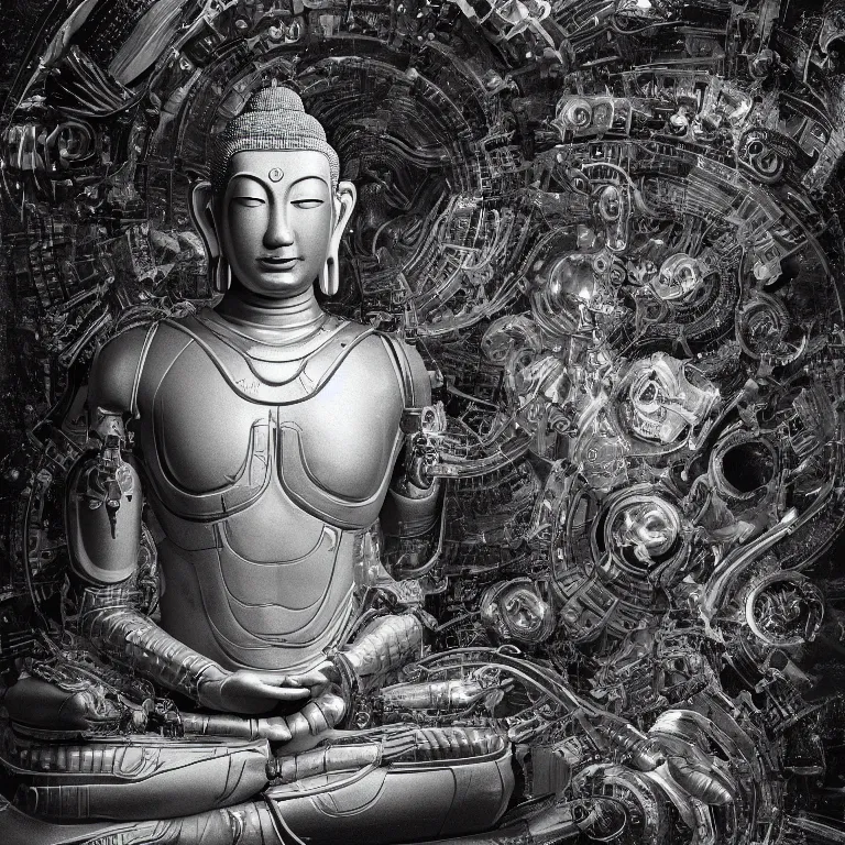 Image similar to cyborg astronaut buddha meditating , detailed intricate insanely detailed octane render, 8k artistic 1920s photography, photorealistic, black and white, chiaroscuro, hd, by David Cronenberg, Raphael, Caravaggio