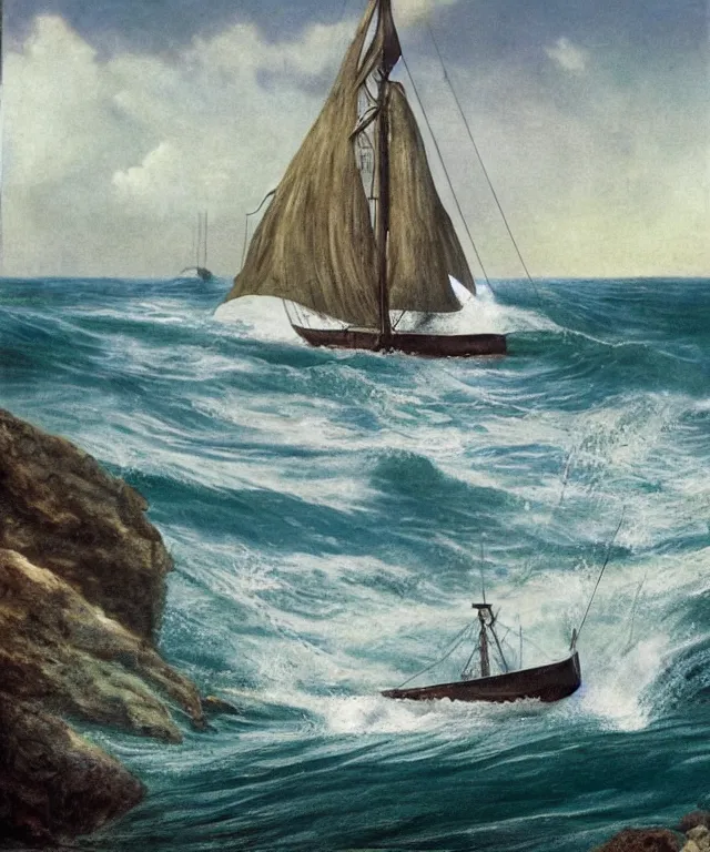 Prompt: photorealistic mixed - media of a 1 9 2 5 seiner sailing with the jamaican shoreline with the mouth of a sea cave at the waterline, dark, brooding, atmospheric, seascape, lovecraft, horror, smooth, epic, highly detailed, cinematic, by marianne north