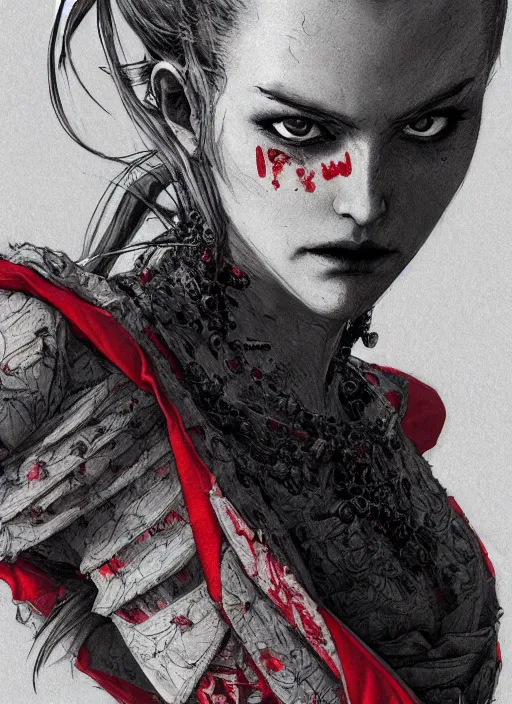 Image similar to close up portrait of a vampire in an elegant dress, red and grey colors, powerful, domineering, stoic, masterful, intense, ultrafine hyperdetailed illustration by kim jung gi, irakli nadar, intricate linework, sharp focus, octopath traveler, yoji shinkawa, highly rendered, detailed, concept art