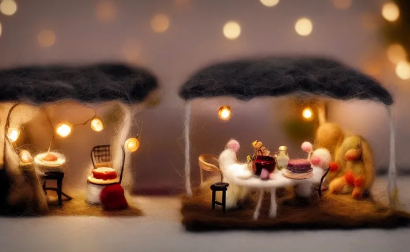 Image similar to mini cafe diorama macro photography, needle felted animals, ambient, atmospheric photograph, string lights, romantic