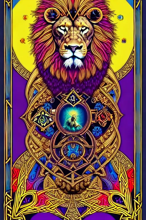 Image similar to beautiful and colorful fractal tarot card featuring an ornate, realistic, and regal viking lion by Dan Mumford, by Jim Fitzpatrick, by joe wilson, featured on deviant art, trending on artstation