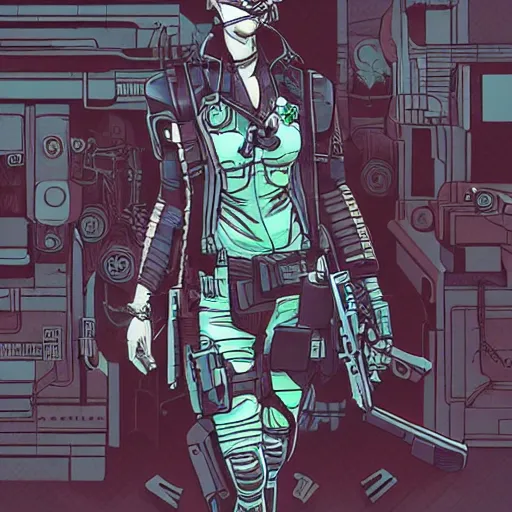 Prompt: illustration of a cyberpunk military woman by james jean