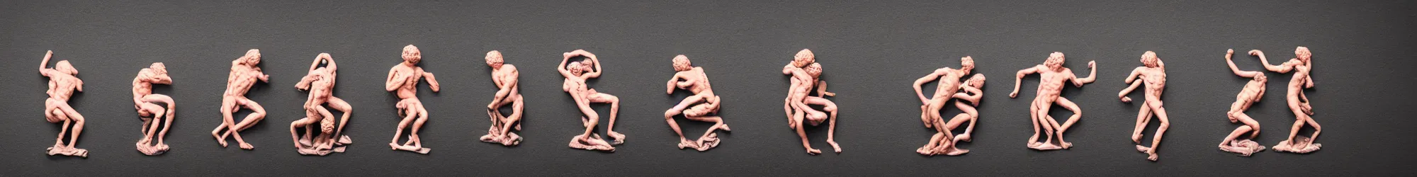 Prompt: long line-up of pink powdered and golden specks laocoon and his sons struggling and twisted, intertwined full body view, jewelry photography, black background