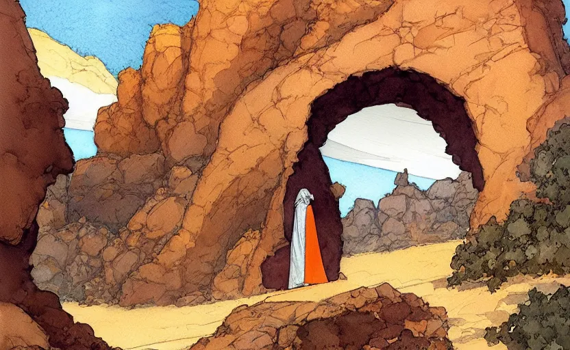 Prompt: a hyperrealist watercolour concept art of a desert day. through a large rock arch is a time portal to an orange sunset sky. a medieval monk in grey robes is walking through the rock arch. by rebecca guay, michael kaluta, charles vess and jean moebius giraud. high detail, hq, wide shot