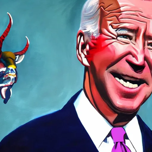 Image similar to a painting of joe biden with devil horns