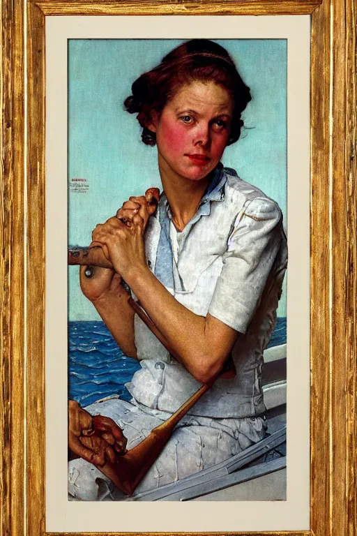 Prompt: portrait of woman in a boat, painted by Norman Rockwell