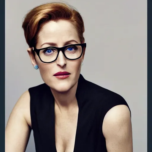 Prompt: photo of a gorgeous Gillian Anderson pixie cut hairstyle nerdy glasses by Mario Testino, detailed, full body shot, award winning, Sony a7R