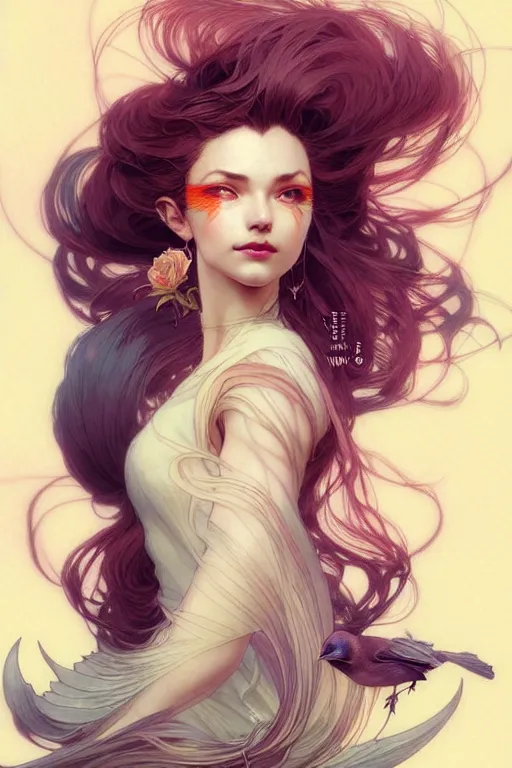 Prompt: portrait of woman with flowy hair, bird wings, confident pose, pixie, genshin impact, intricate, elegant, sharp focus, illustration, highly detailed, concept art, matte, trending on artstation, bright colors, art by wlop and artgerm and greg rutkowski, mucha, marvel comics