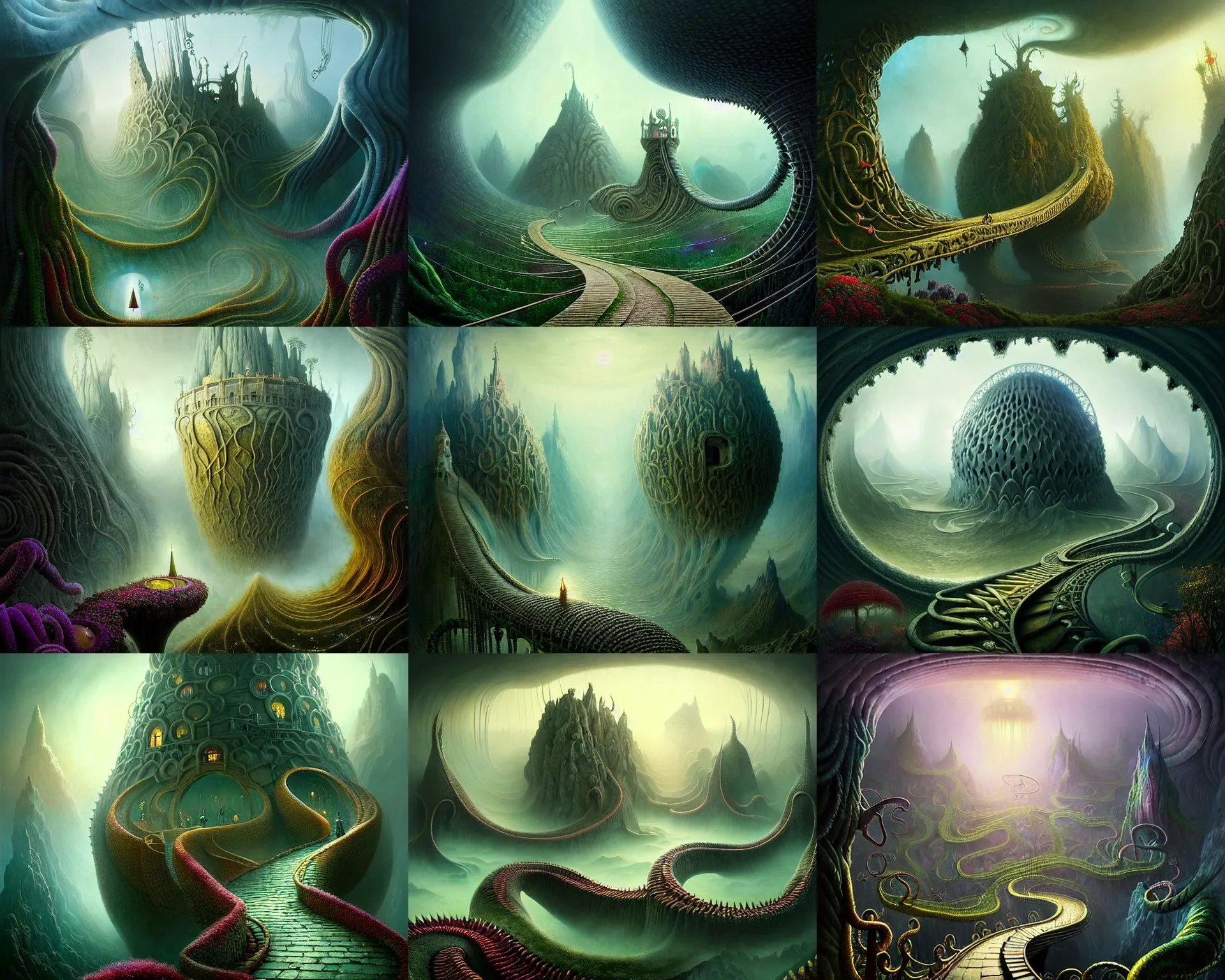 Prompt: a beguiling epic stunning beautiful and insanely detailed matte painting of the impossible winding path into lovecraftian dream worlds with surreal architecture designed by Heironymous Bosch, mega structures inspired by Heironymous Bosch's Garden of Earthly Delights, vast surreal landscape and horizon by Andree Wallin and Andrew Ferez and Cyril Rolando, masterpiece!!!, masterpiece!!!, grand!, imaginative!!!, whimsical!! intricate details, sense of awe, elite, wonder, insanely complex, masterful composition!!!, sharp focus, protagonist in foreground, fantasy realism, dramatic lighting