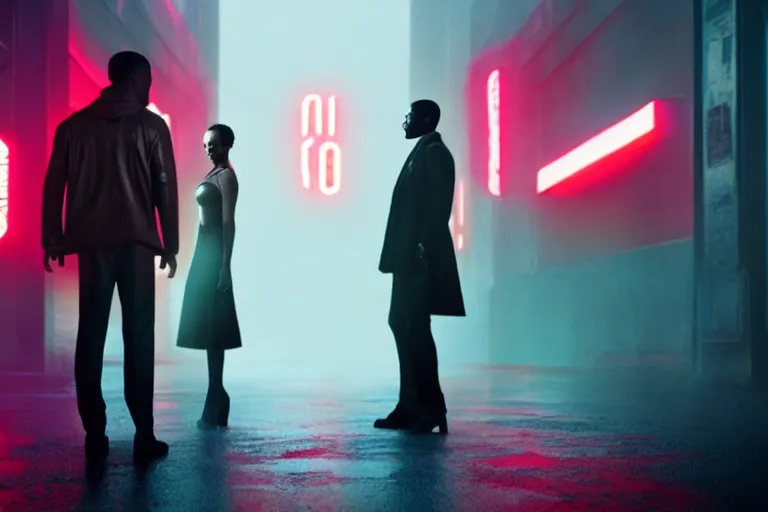 Image similar to film still of closeup beautiful jamaican models couple in blade runner 2 0 4 9, cinematic, moody, gritty neon noir by emmanuel lubezki