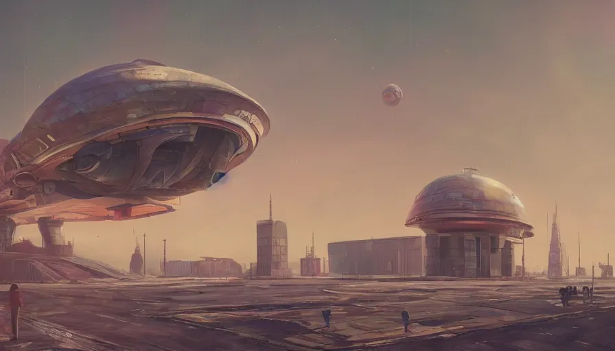 Prompt: a beautiful matte painting of a flying science fiction space ship over the old soviet city simon stalenhag and alan bean, trending on artstation, realistic rendering