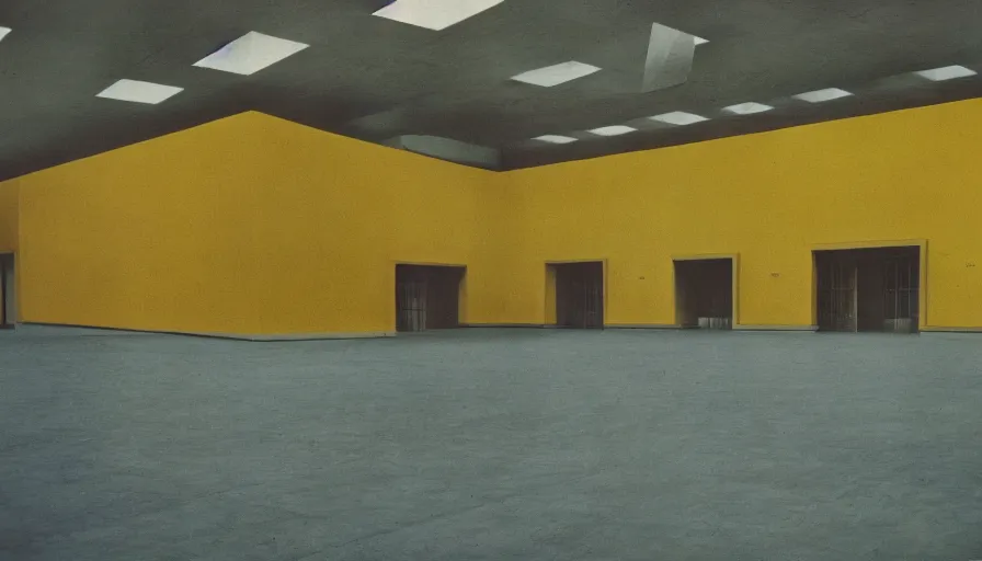 Prompt: 60s movie still of a sovietic stalinist style empty art museum with a soviet congress with yellow wall, eastmancolor, liminal Space style, heavy grain