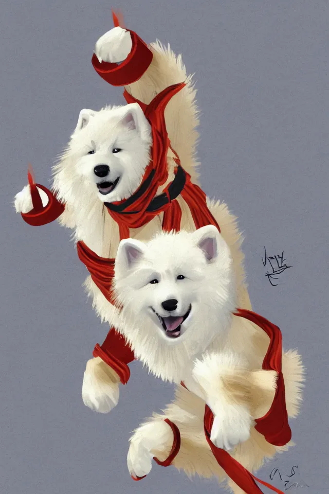 Image similar to samoyed dog doing wai kru muay thai movements, concept art