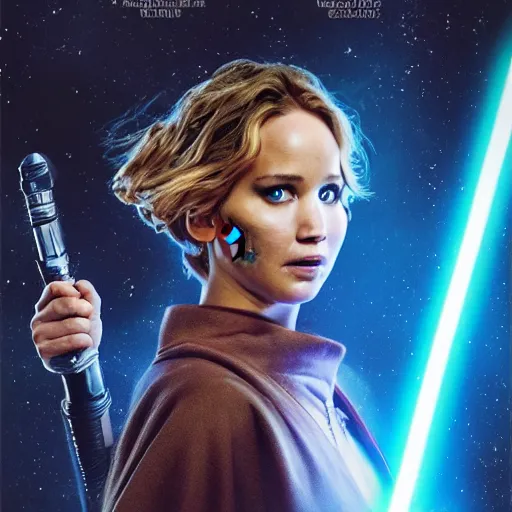 Image similar to jennifer lawrence as a jedi holding up a blue lightsaber, very dark background, official new star wars episode xi movie poster from lucas arts, perfect symmetrical face, full moon, moody lighting, 8 k, shallow depth of field, intricate detail,