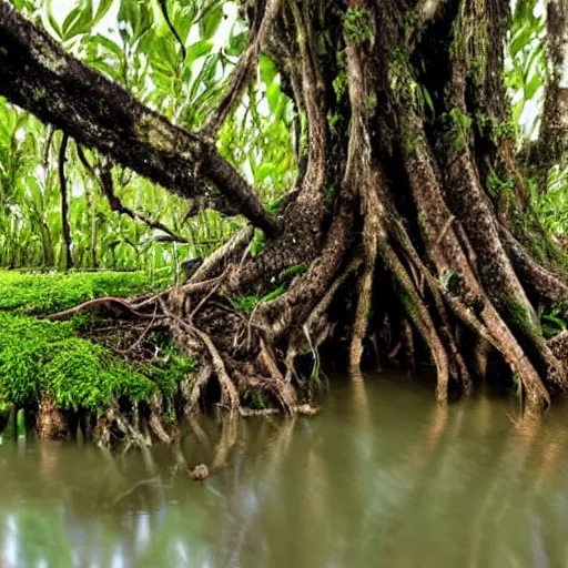 Image similar to mother nature emerging from the roots of a mangrove tree, mossy, roots, nature