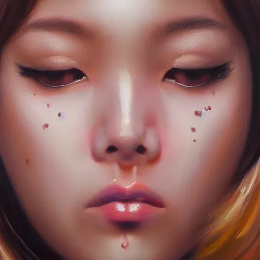 Image similar to perfect, realistic oil painting of close-up japanese idol girl face, by an American professional senior artist, Hollywood concept, dynamic composition and motion, postproduction.