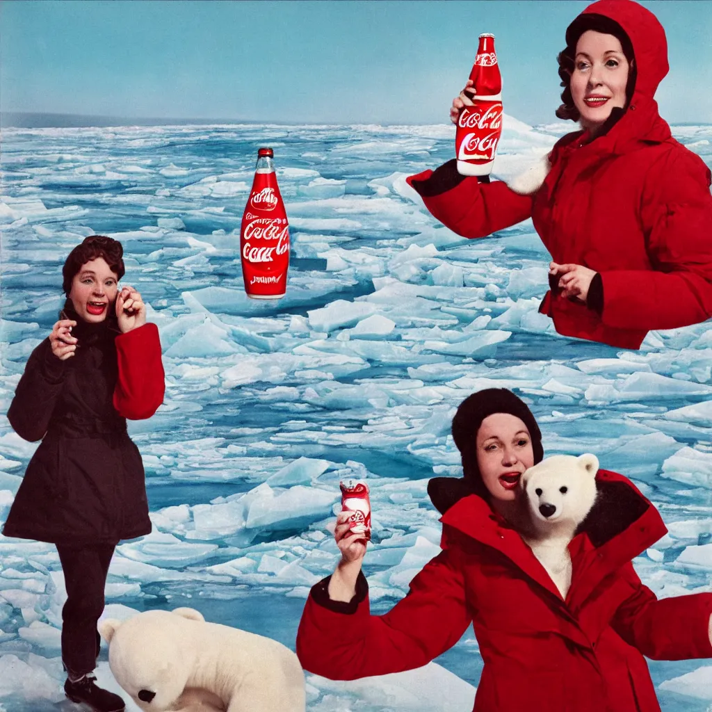 Image similar to a single woman wearing a parka drinking a bottle of coke in front of an icy polar landscape full of snowdrifts and ice, polar bear in the far background, coka-cola advertisement, retro ad, print advertising, 1960's