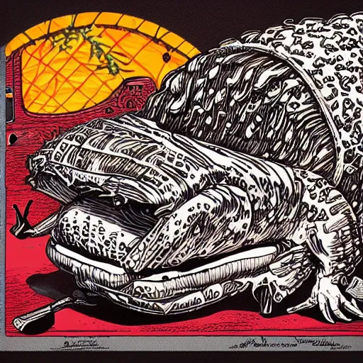 Image similar to pulled pork sandwich, artwork of joe fenton