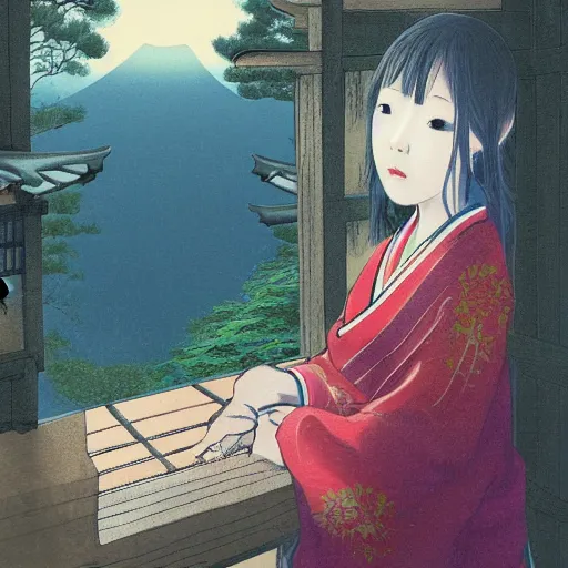 Prompt: zeenchin style painted of a girl in japan, looking out a window at a temple garden filled with yokai and spirits, trending on artstation - w 8 9 6