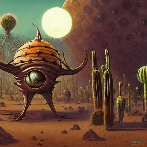 Image similar to ball creature covered with eyes, with two antennas, in the desert next to a cactus, d & d, fantasy, greg rutkowski, frank frazetta, alexandre chaudret, boris vallejo, michael whelan, miro petrov, hr giger, magali villeneuve, donato giancola