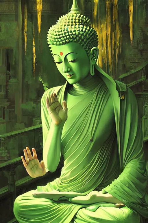 Image similar to buddhism, temple, green clothes, painting by greg rutkowski, j. c. leyendecker, artgerm