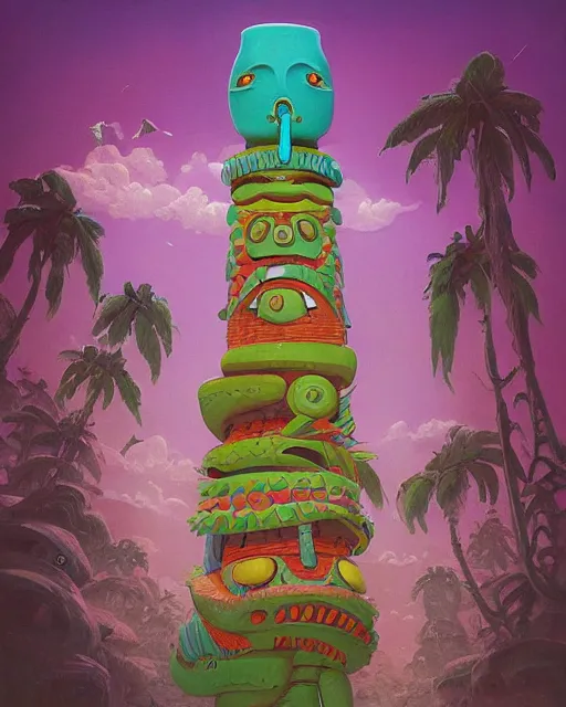 Image similar to a painting of a tribal tiki hut totem pole, a surrealist painting by Naoto Hattori, Roger Dean, Pablo olivera and Stanisław Lem and Paul Lehr, by Beeple, by Makoto Shinkai and Lois van baarle, trending on deviantart, pop surrealism, lowbrow, grotesque, whimsical