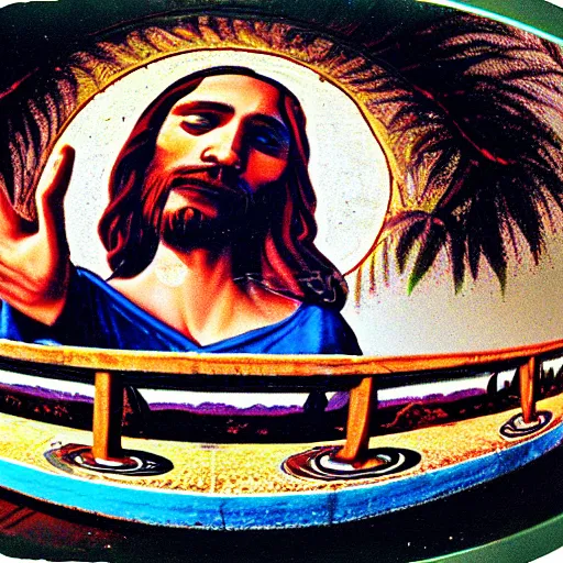 Prompt: fisheye lens, jesus doing a kickflip, skateboarding, 90's, vhs,