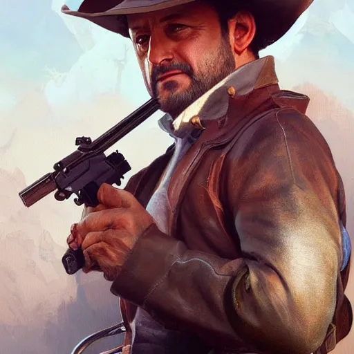 Prompt: Leo Varadkar as a cowboy, highly detailed, digital painting, cgsociety, concept art, sharp focus, illustration, art by artgerm and greg rutkowski and alphonse mucha,