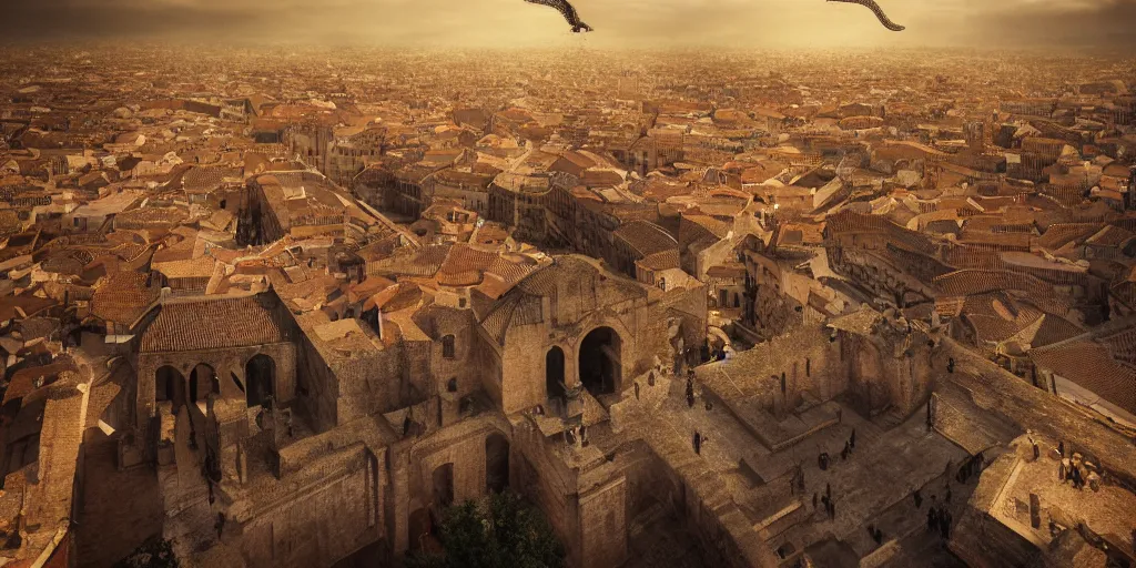 Image similar to the monumental city of caceres with a dragon flying over it, dramatic lighting, cinematic, extremly high detail, photorealistic, cinematic lighting, post processed, concept art, artstation, matte painting, style by greg rutkowsky