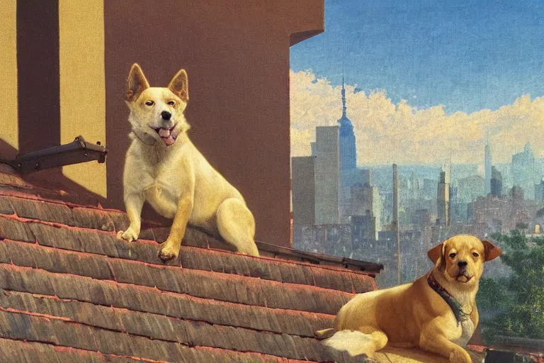 Image similar to painting of a dog, in a rooftop, watching new york, beautiful, sunset, romantic, by ludwig deutsch and maxfield parrish, patterned tilework, extremely detailed, cinematic lighting, smooth sharp focus