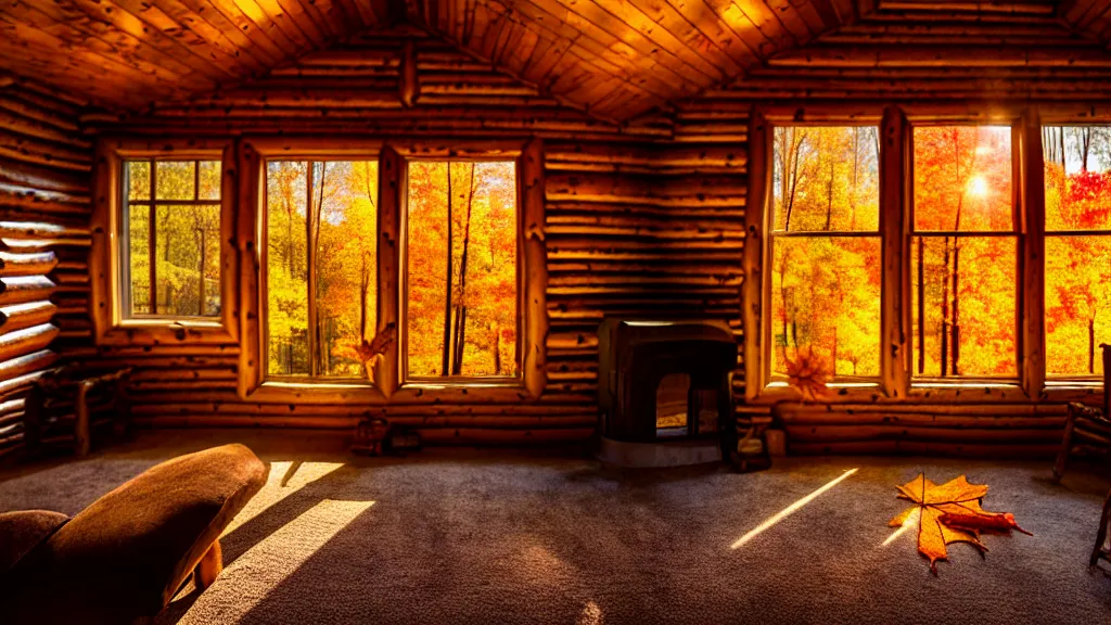 Image similar to inside an old log cabin, the autumn light comes in through a window and dimly illuminates the room, softened diffuse light, photorealism, photo taken with canon EOS 5D and 35 mm lens