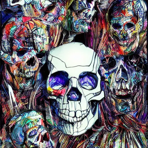 Prompt: Derek Gores drawing of Psychedelic Skulls, medieval town, skulls, drawn by Derek Gores, trending on artstation