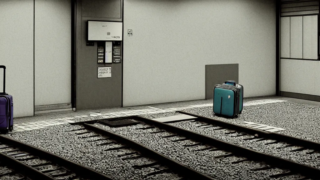 Image similar to an explorer's luggage on the train platform, rural japan, a collage painting, in the style of wes anderson, lola dupre, david hockney, isolated on negative white space background dark monochrome neon spraypaint accents volumetric octane render