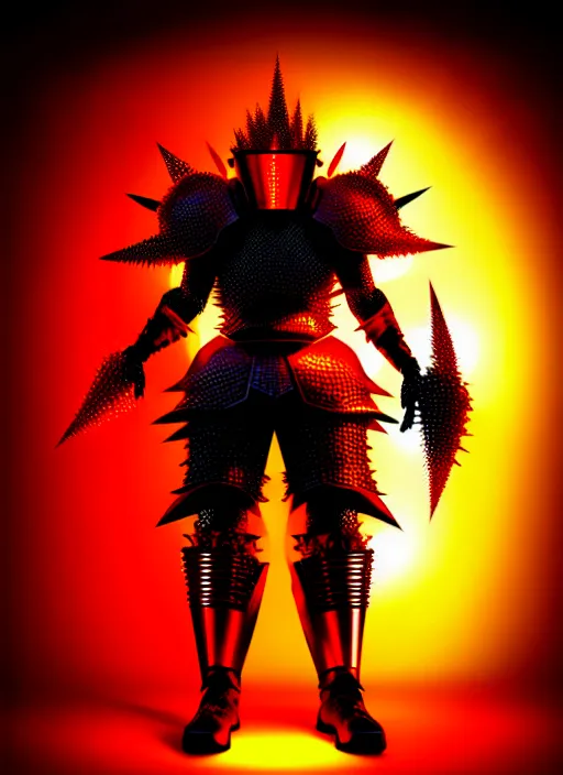 Image similar to a striking cinematic full body manga portrait of a long black haired teenager wearing imposing red jagged spiked plate armour and glowing with red energy by hirohiko araki and beeple, fine details, digital art, character concept art, volumetric lighting, cinematic light, photorealistic