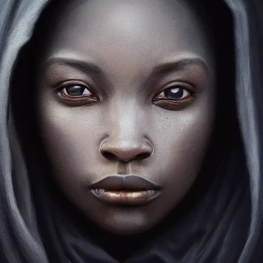 Image similar to a portrait of a young black woman wearing a long dark cloak, hood and shadows covering face, anatomically correct, beautiful perfect face, enigmatic, oil painting, matte painting, black background, Volumetric dynamic lighting, Highly Detailed, Cinematic Lighting, Unreal Engine, 8k, HD, by Beksinski