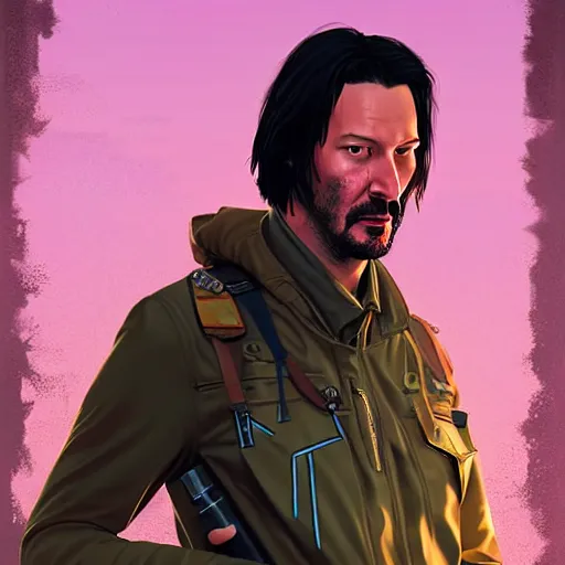 Image similar to keanu reevez in the role of main character from disco elysium, game poster, digital art, by aleksander rostov, disco elysium style