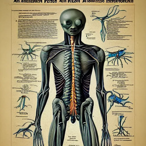 Image similar to an alien species, anatomical diagram, labeled body parts, from all tommorrows, by c. m. kosemen