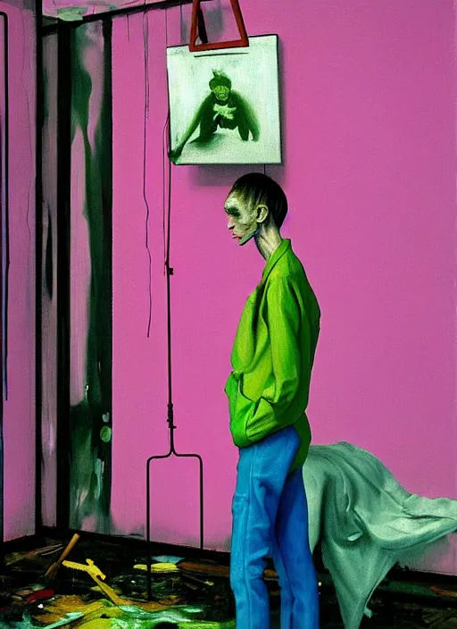 Prompt: a skinny, starving artist wearing overalls, painting the walls inside a deserted chernobyl chamber, hauntingly surreal, highly detailed painting by francis bacon, edward hopper, adrian ghenie, gerhard richter, and james jean, soft light 4 k in pink, green and blue colour palette, science fiction, highly detailed