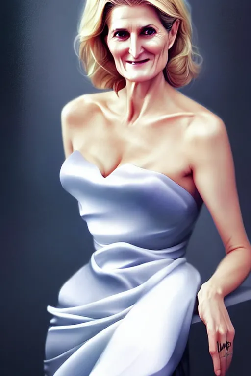 Prompt: Beautiful alluring Helle Thorning Schmidt portrait in satin dress by Artgerm and WLOP, Pixiv