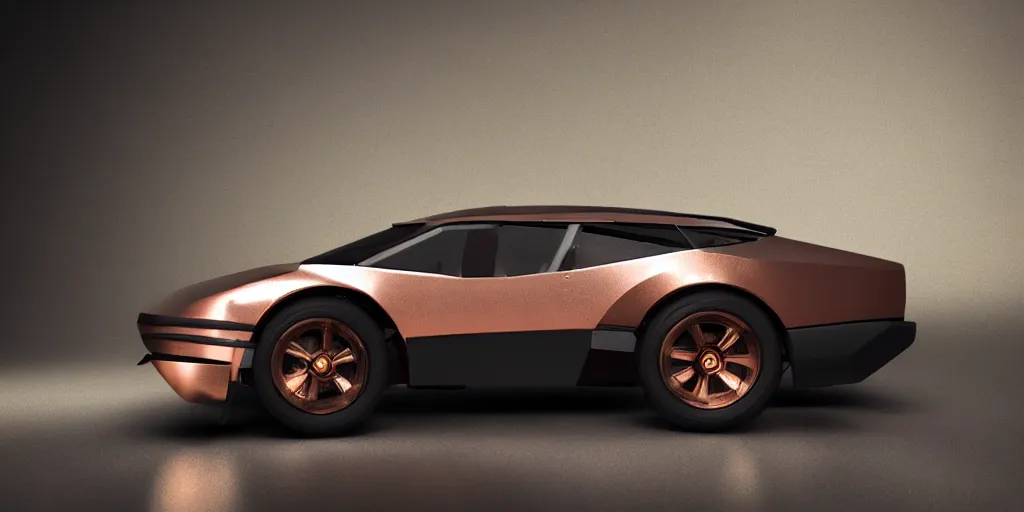 Prompt: a design of a futuristic DMC Delorian, designed by Polestar, blade runner background, front and back view, stained antique copper car paint, black windows, sportscar, dark show room, dramatic lighting, hyper realistic render, depth of field