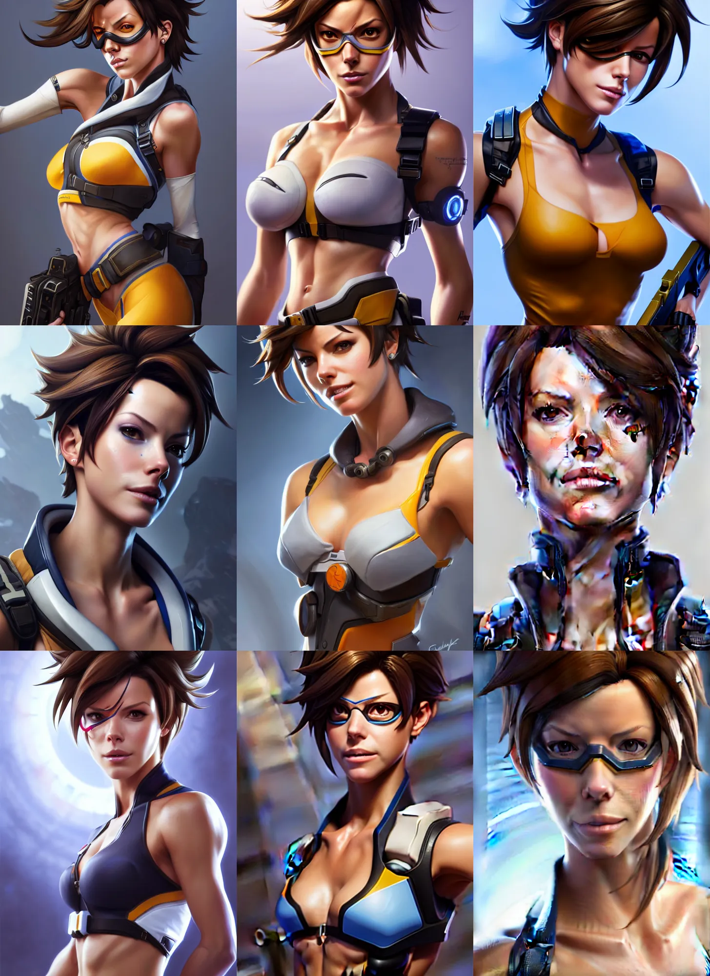 Image similar to a highly detailed portait of tracer from overwatch as kate beckinsale, digital art, pretty face, muscular, very beautiful face, very detailed eyes, 8 k resolution, digital painting, by james gurney wlop, greg rutkowski, full body
