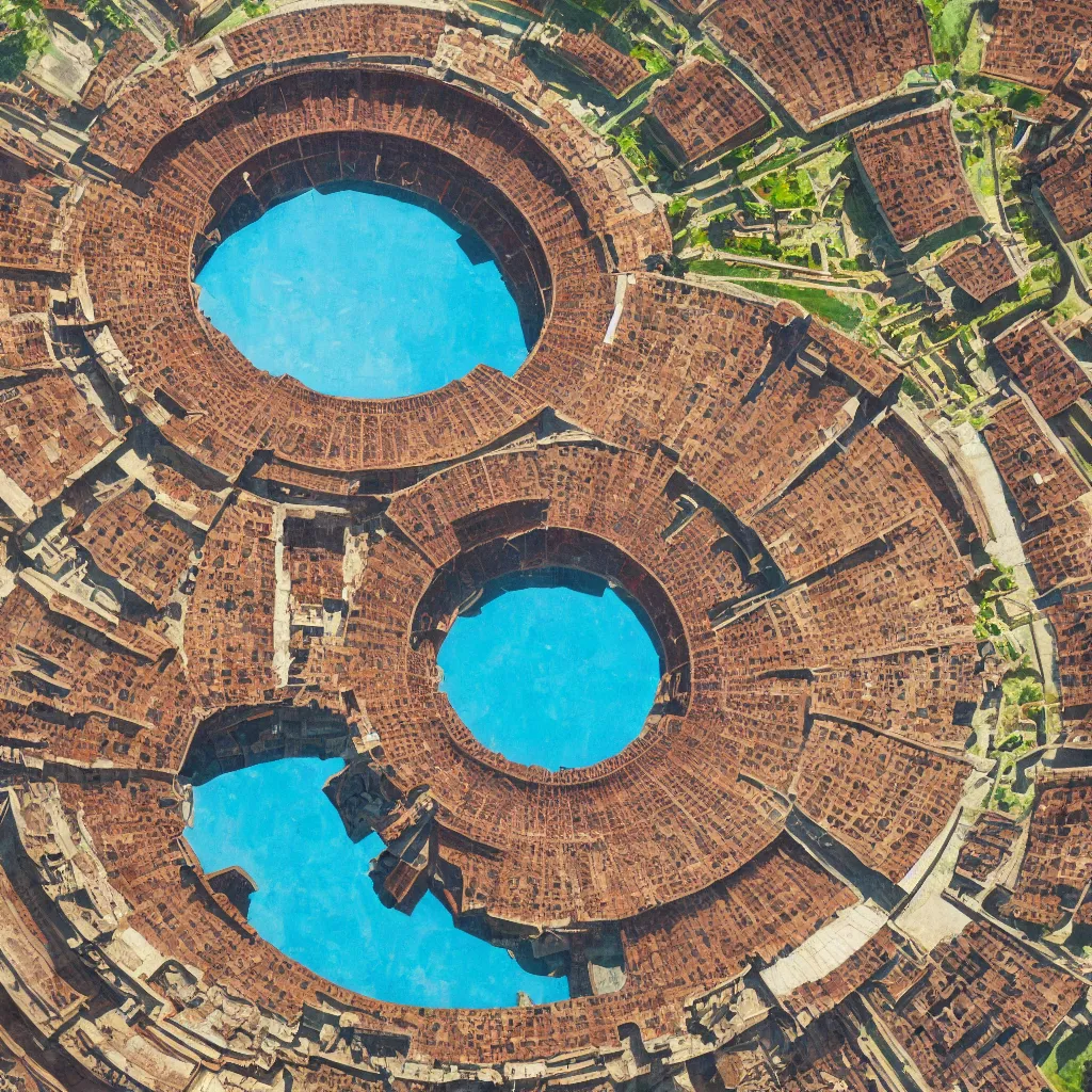 Prompt: a colosseum like arena with it's central round inner arena part surrounded with water, view from the sky, detailed painting, 8 k