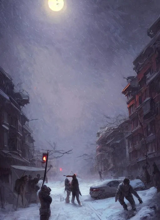 Prompt: giant steve buscemi attacking an encampment during a blizzard, highly detailed, digital illustration, artstation, concept art, matte, sharp focus, illustration, dramatic, full moon, art by artgerm and greg rutkowski and alphonse mucha