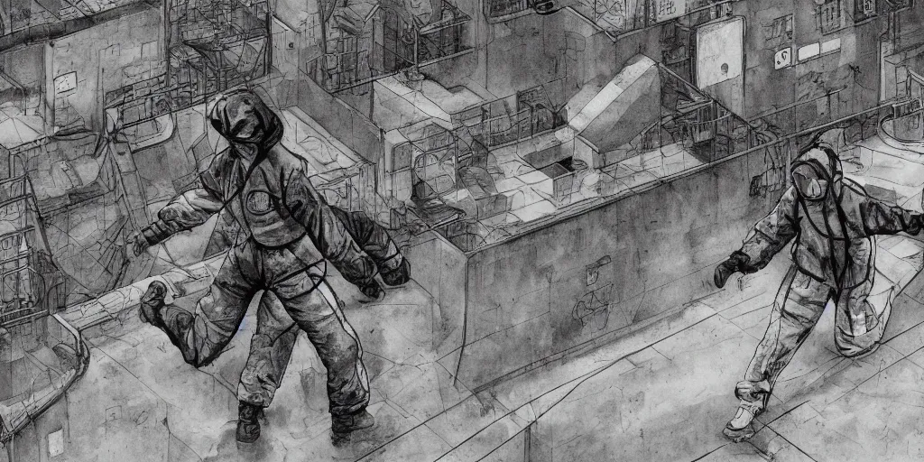 Image similar to woman wearing black beanie and black bomber jacket, holding shotgun, charging toward soldiers, soldiers wearing hazmat suits, underground lab, MC Escher style architecture, sterile, unknown location, light and shadows, fire, bullet shells flying, aerial photography, concept art