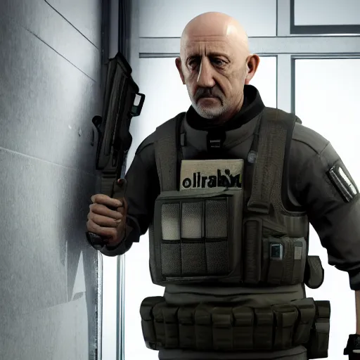 Image similar to Mike Ehrmantraut in Rainbox six siege, 4k, highly detailed