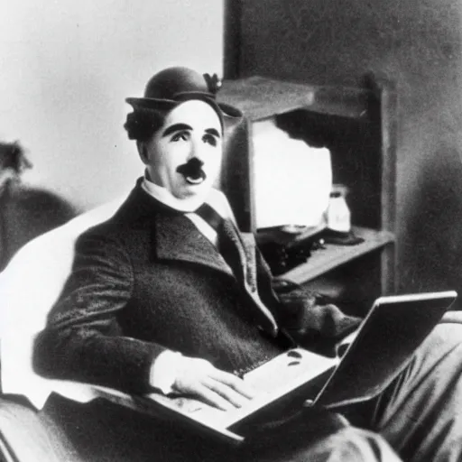 Image similar to an old photo of charlie chaplin using a laptop